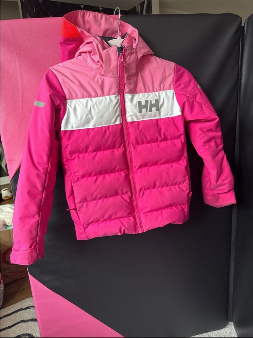 Helly Hansen Kids' Two-Tone Pink Puffy Hooded Jacket with White Chest Stripe